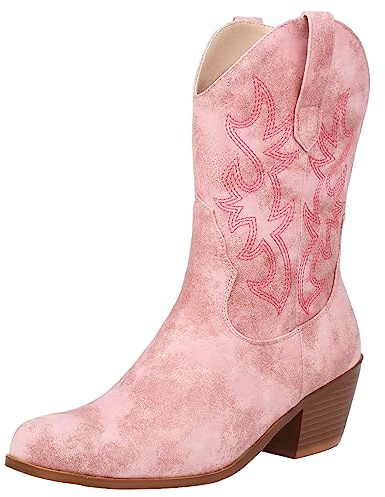 rismart Women Western Cowboy Boots Mid Calf Embroidered Cowgirl Shoes Pink,5