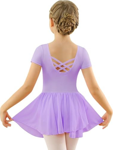 Mulnall Ballettkleid Mädchen Ballett Kleid Kurzarm Langarm Criss Cross Baumwolle Balletttrikot Gymnastik Kinder Tanzbody mit Rock Tütü Kostüm Tanzbekleidung 2-12 Jahre(2140-09-M)