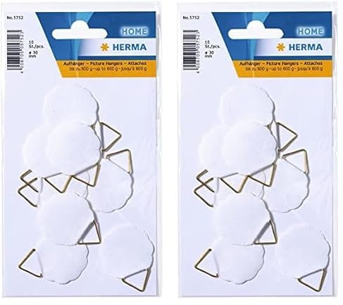 HERMA 5752 Bildaufhänger zum kleben, klein (Ø 30 mm, 10 Stück, Papier mit Leinenstruktur) selbstklebend, wasserlöslich gummiert, Aufhänger Tragkraft bis 800 g, weiß (Packung mit 2)