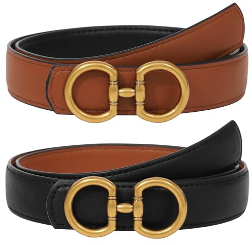 AWAYTR Reversible Belt for Women - Two-in-One Women Fashion Leather Belt for Jeans with Golden Buckle (Black/Brown,115cm)