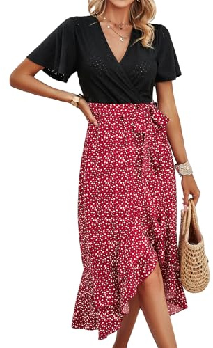 IFFEI Sommarklänning, dam, elegant, slits, boho, blomklänning, lätt, knälång, fritidsklänning med bälte, Burgund, XL