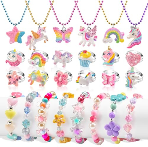 Kids Jewelry for Girls 4-6, Little Girls Play Jewelry Set for Toddlers Age 3-5 6-8, Childrens Princess Costume Dress Up Necklace Bracelets Rings, Unicorn Birthday Gifts for 3 4 5 7 6 8 Year Old