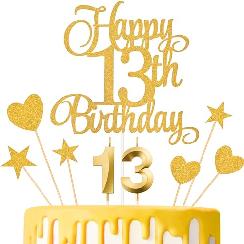 Lecferrarc 13th Birthday Cake Decorations, 13th Birthday Candles Cake Numeral Candles and Glitter Happy 13th Birthday Cake Toppers Set for Birthday Party Supplies (Gold)