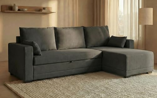 BUDWING Leah Sofá Cama Esquinero 3 Plazas - Chaise Longue Reversible y 2 Cojines Decorativos – Tapizado en Poliéster – Estilo Moderno – 233x124x69 cm – Gris Oscuro