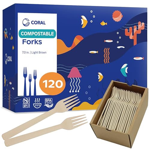 CORAL Light Brown 100% Compostable Forks - 120 Heavy Duty Forks (7.0 inch) - Break Resistant with Smooth Edges, Ocean Friendly Alternative to Plastic Silverware - Biodegradable & Disposable Forks