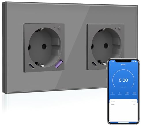BSEED Wlan Schuko Steckdose mit USB C 20W Schnellladegerät,Smart Steckdose Unterputz mit Strommessung,Arbeit mit Alexa/Google Home,Stromzähler für Doppelsteckdose mit Smart Life App,2 Fach 157mm Grau