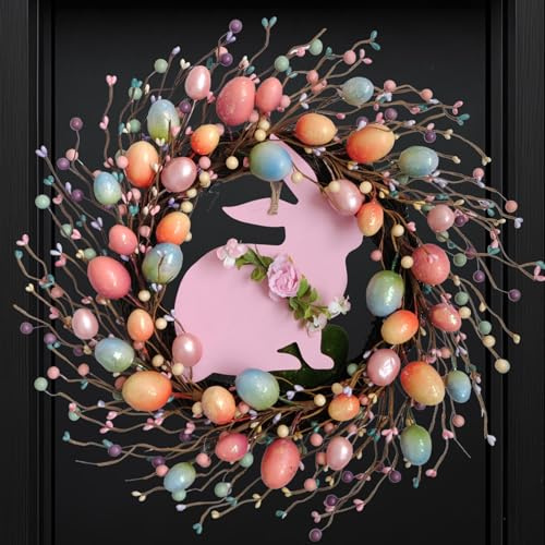 CIR OASES 20 Easter Wreath for Front Door Egg Wreath Artificial Easter Decorations with Colorful Eggs Berries and Pink Bunny for Home Wall Window Indoor Outdoor Spring Holiday Decor
