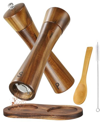 BEZORR Macinasale e pepe, set con 2 macinaspezie in legno di acacia, 20,3 cm, macinapepe con sottobicchiere, macina spezie in ceramica con spazzola per la pulizia e cucchiaio per diversi tipi di