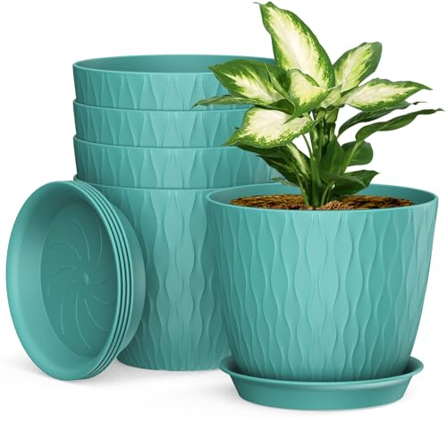 17cm Plant Pots Indoor, 5 Pack Plastic Planters with Drainage Holes and Saucer, Decorative Stripe Grooves Flower Pots for Indoor Outdoor Houseplants(Dark Green)