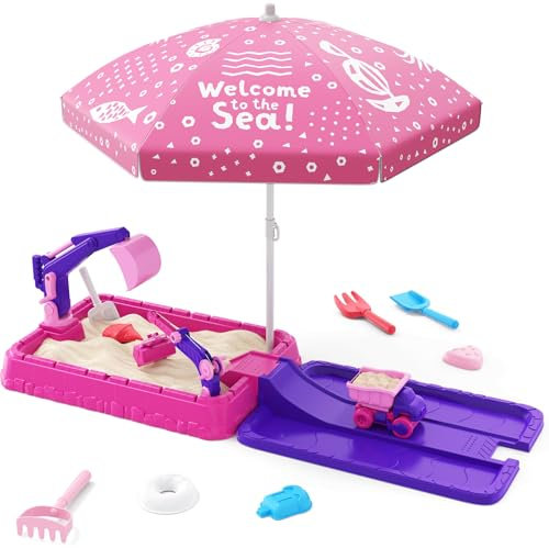 HYES Bac à Sable avec Couvercle, Excavatrice Bac a Sable Enfant Exterieur, Bac a Sable avec Parasol, Jouets de Plage Bac Sensoriel pour Enfants 3 4 5 Jardin Cadeau Jeux D 'été, Violet