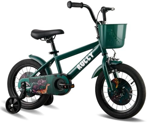 RULLY Dinosaur 14 Zoll Jungenfahrrad für Kinder von 3-5 Jahren, grün, mit abnehmbaren Stützrädern, Rücktrittbremse und Handbremse, Korb