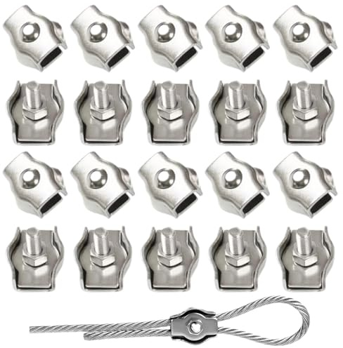 20 Pezzi Morsetto Fune Funi Metalliche in Acciaio Inossidabile, Morsetto Duplex M3, acciaio inox 304 per Funi Metalliche per Funi Metalliche da 1.5mm And 2mm Giardino Cavi Patio e Vele da Sole