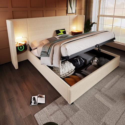 Sängklädsel, dubbelsäng, 160 × 200 med nattduksbord, lä och USB typ C-laddningsfunktion, sängsystem, förvaringssäng, sängram med ribbotten av massivt trä och metall, beige-vit, manchestertyg