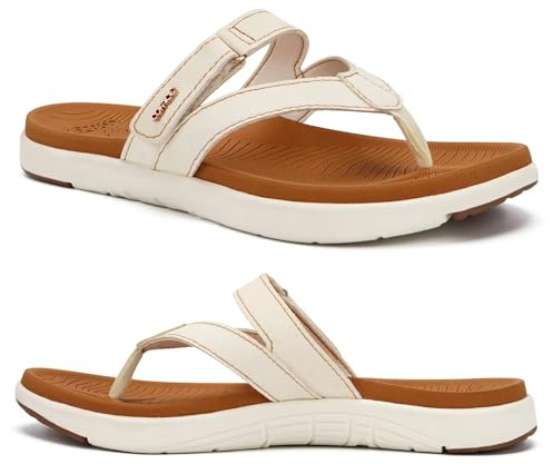 COFACE Womens Orthopedic Flip Flops Ladies Slip On Athletic Yoga Mat Memory Foam Cushioned Recovery Walking Thong Sandals Summer Beach Pool Slippers Plantar Fasciitis Arch Support White Brown Size 12