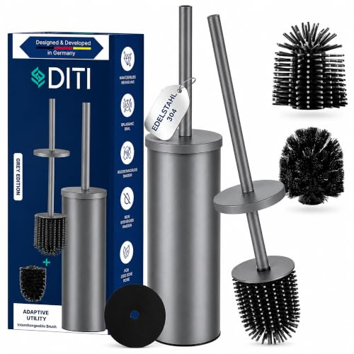 DITI® Toalettborste silikon med handtag och hållare i rostfritt stål, grå matt | Silikon + PP toalettborsthuvud med 2 stänkskydd, antibakteriell design toalettborste - toalettborstset, ogenomskinlig