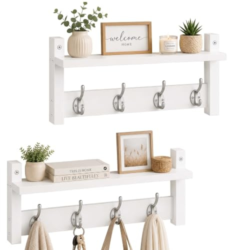 Relaxdays Perchero de Pared, Set de 2, 4 Ganchos Dobles c/u, Blanco