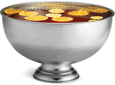 TableCraft RPB1513 Hammered Pedestal Punch Bowl, Large Silver Stainless Steel, 54 Cup Capacity, 3.4 Gallon, Ideal for Serving Hot and Cold Drinks, Champagne, Cocktails, Sangria, Juice, Elegant Design