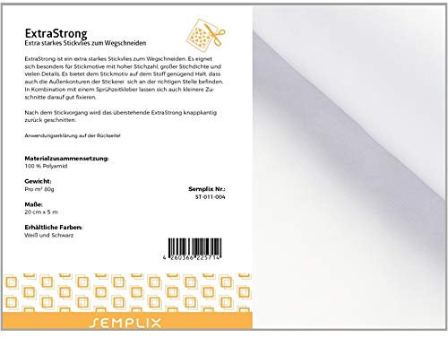 SEMPLIX ExtraStrong – extra Starkes Stickvlies zum Wegschneiden besonders für Stickmotive mit hoher Stichzahl/großer Stichdichte (weiß, 20 cm x 5 m)