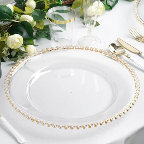 Efavormart 6 Pack 12 Gold Clear Acrylic Round Charger Plates With Beaded Rim Dinner Charger Plates