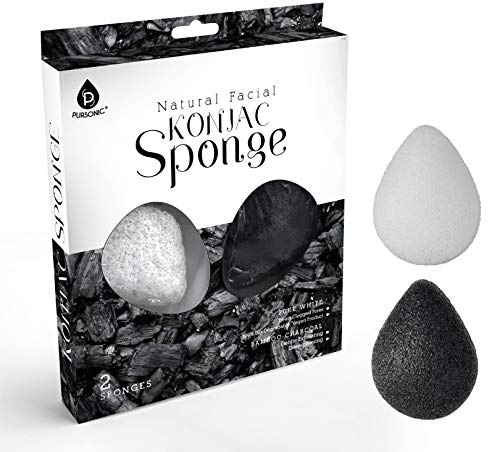 Pursonic Natural Konjac Bamboo Charcoal Facial Sponge for Gentle Face Cleansing and Exfoliation, Helps with Clogged Pores 100% Bio-Degradable,Vegan Products, 2- Pack