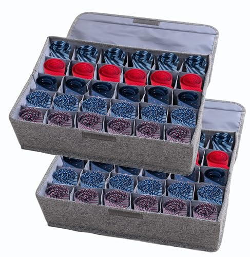 AARAINBOW 2-pack underkläder strumpor förvaring organisatör med lock vikbar garderob lådavdelare 30 celler, linne bomull förvaringsbox fack för slipsar halsdukar och underkläder i garderob (2 grå)