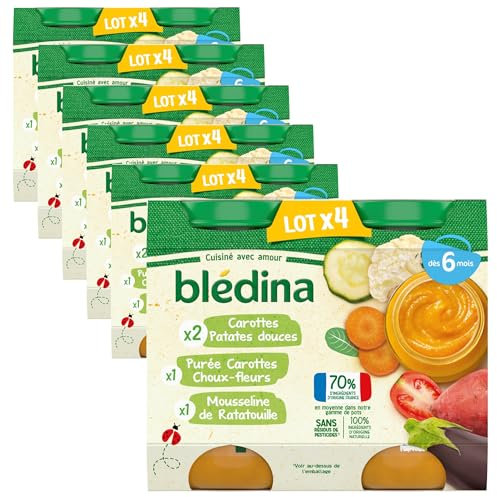 Blédina Petits Pots pour bébé, Dès 6 Mois, Carottes Patates Douces / Purée Carottes Choux- Fleurs / Ratatouille, 24x200g (6 packs)