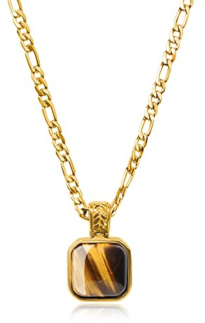COAI Collar para Hombre con Cadena Figaro en Acero Inoxidable Chapado en Oro y Colgante Cuadrado de Ojo de Tigre Piedra Natural