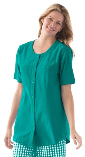 Woman Within Plus Size Short-Sleeve Crinkle Shirt - 22/24, Waterfall