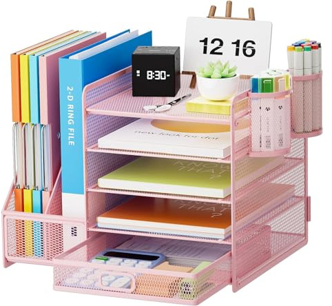 Marbrasse Schreibtisch Organizer mit Aktenhalter, 5 Ebenen Papier Briefablage mit Schublade und 2 Stiftehalter,Schreibtisch Netz Ablagefächer Organizer mit für Büro Bedarf (Rosa)