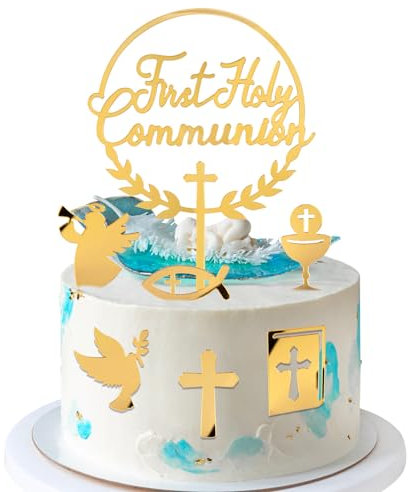 7pcs First Holy Communion Cake Toppers Cross Glitter Gold Acrylic Cupcake Toppers Bible Fish Dove Grail Cake Picks Decoration for Communion Christening Baptism Baby Shower Birthday Wedding