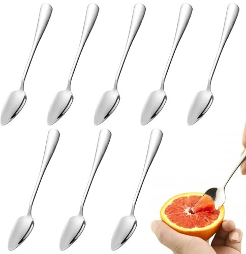 8 Pezzi Cucchiaio da Frutta, Cucchiaio di Kiwi con Denti Seghettati, Cucchiaio da Pompelmo, Cucchiaio da Dessert, Cucchiai da Gelato Lunghi in Acciaio Inox, Cucchiaini Acciaio Inox per Frutta e Dolci