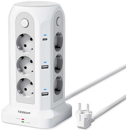 TESSAN 12 Fach Mehrfachsteckdose mit USB C, Steckdosenleiste mit 4 Einzelnen Schalter, Verlängerungskabel 2M Verteilersteckdose, Mehrfachsteckdose mit Überspannungsschutz, Steckdosenturm Weiß