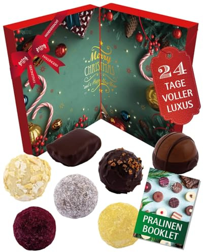 Hallingers Genuss Manufaktur Veganer Pralinen Adventskalender mit & ohne Alkohol – 24 handgemachte vegane Schoko Pralinen aus Edelkakao - Süßigkeiten Geschenk Erwachsene - Weihnachtskalender 2025