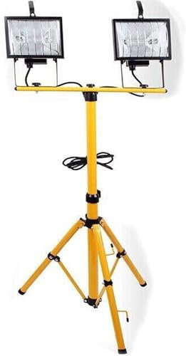 Buystarget Tripod Halogen Work Light Twin Head 500W R7s Bulb 2X Extra Bright Lights Floodlight, Adjustable Steel Stand Outdoor Indoor Worklight Workshop Job Construction Site Spotlight Lamp
