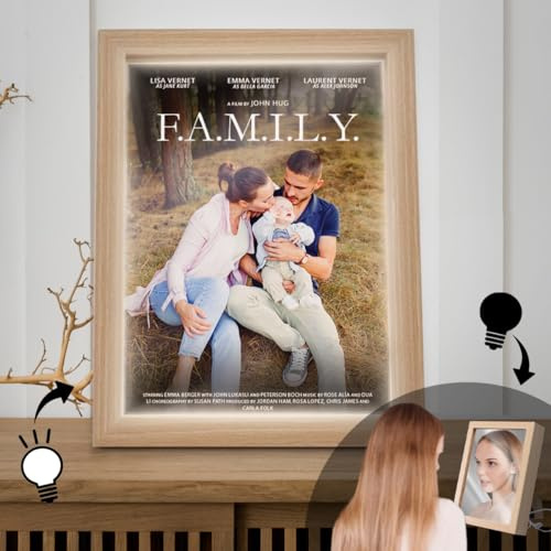PICTALIA - Specchio Cornice Foto Luminosa personalizzata - Crea un poster cinematografico con la tua foto e testo personalizzabile, regalo per Mamma Festa della Mamma regalo per Donna cornice in legno