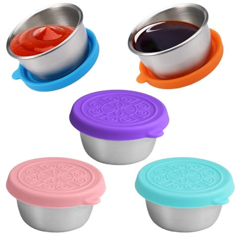 5 Pièces RéCipient à Vinaigrette 50ml RéCipient Vinaigrette Avec Couvercles En Silicone,Petit RéCipient à Sauce en Acier Inoxydable,Tasses à Sauce en Acier Inoxydable pour Salades,Condiments