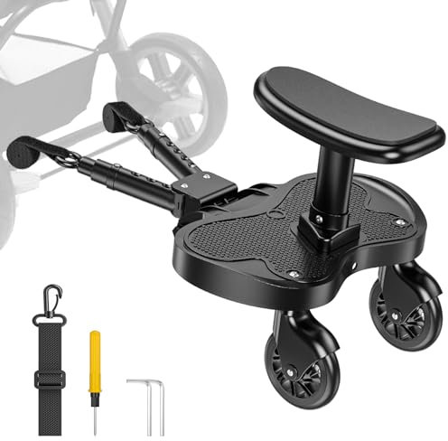 BugyKido Buggy Board, Trittbrett für Kinderwagen Universal für Kinder von 2-6 Jahren, Trittbrett Kinderwagenzubehör mit Sitz max. Belastung von 25kg, schwarze Räder