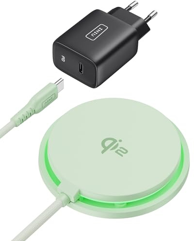 INIU Induktionsladdare iPhone ljusgrön, 15 W Qi2 certifierad snabbladdare kompatibel med laddare, trådlös laddare för iPhone 16 Pro 15 14 13 12 Plus, med USB-C-kabel och adapter ingår