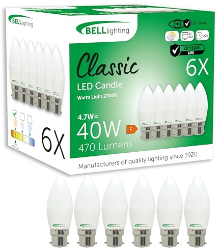 BELL Lighting B22 Bayonet Dimmable LED Candle Bulbs Warm White 4.7W 6 Pack | Dimmable B22 bayonet LED candle bulbs with 2700K warm white light, 470lm brightness and 40W equivalent output for lamps.