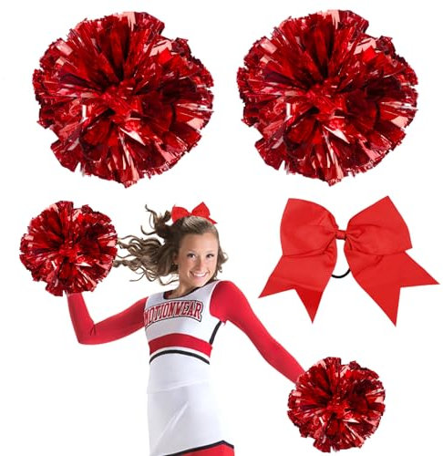 3 Stück Cheerleader Pompons, Pompoms Cheerleading Rot, Pom Poms Cheerleading, 2 Pompoms + Haarband, Metallfolie Puschel für Sportveranstaltungen, Teamgeist, Aerobic-Partys