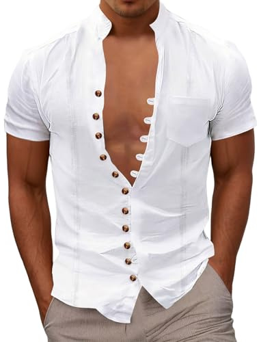 CEWIFO Camicie No Stiro Uomo Maniche Corte Lino Spesso di Magliette T Shirt Maglietta Slim Fit Manica Corta Colorata Estivi