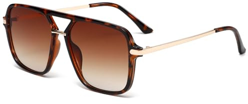 Long Keeper Gafas de Sol Piloto Mujer Hombre Vintage Gafas de Sol Cuadradas Doble Puente Años 70 Clásico Gafas Piloto Retro Protección UV400 (Leopardo Montura - Marrón Degradado Lente)