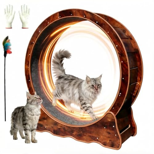 ZooVibe Rueda de ejercicio para gatos de 35.4 pulgadas, caminadora de madera de bajo ruido para gatos de interior, alfombra desmontable y base mejorada para fitness, pérdida de peso, tamaño M, marrón