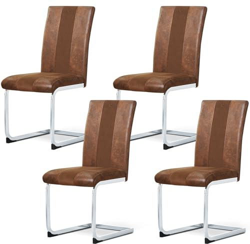 AINPECCA 4er Set Freischwinger Stuhl mit Kunstleder Moderner Schwingstuhl mit hoher Rückenlehne Wohnzimmerstuhl Küchenstuhl mit Chromgestell und Fußstütze Bürostuhl Esszimmer(4, PU Braun)