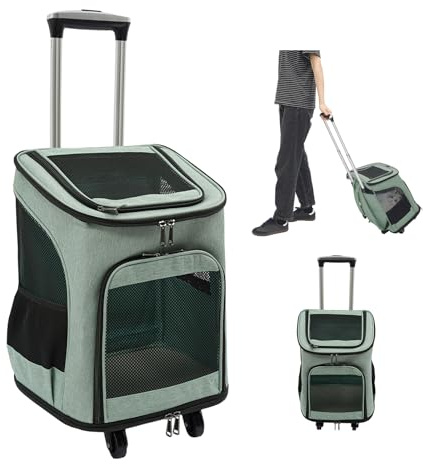 Transportín para perros con ruedas, plegable, mochila para gatos con mango telescópico, cajas de transporte para gatos grandes y perros pequeños con malla transpirable, mochila para mascotas de hasta