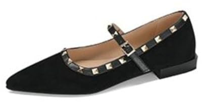 Mary Janes Donna retrò Punta A Punta con Borchie Cinturino alla Caviglia Fibbia Quadrata Tomaia in Camoscio Resistente Tacco Basso Comodo Scarpe Casual Ufficio,Nero,38.5 EU
