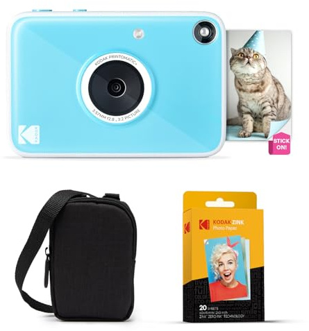 KODAK Printomatic+ 10MP Instantkamera Startpaket med Väska, RGB LED och Zink 20 ark Klisterpapper – Blå