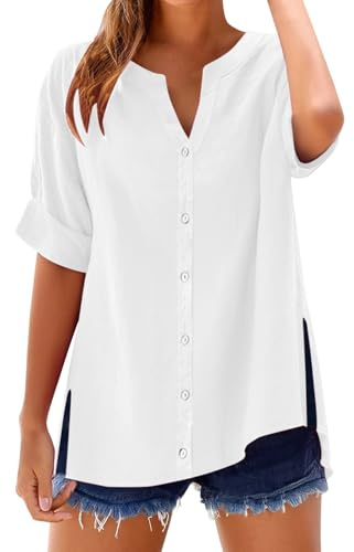 Chemise Lin Femme Grande Taille Boutonné Tee Shirt Respirant Pas Cher T-Shirt Blouse Lâche Tunique Couleur Unie Manches Courtes Haut Col en V Coton Lin Chemises Chic Et Élégant Basique Chemisier