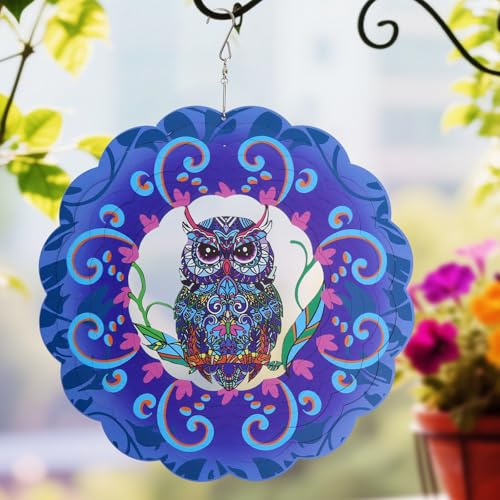 Girandola 3D in Metallo Motivo a Vento con Gufo per Esterni, Windmill Garden Metal da 30cm Carillon Vento in Acciaio Inossidabile Decoro per Balcone, Terrazza, Giardino, Cimitero