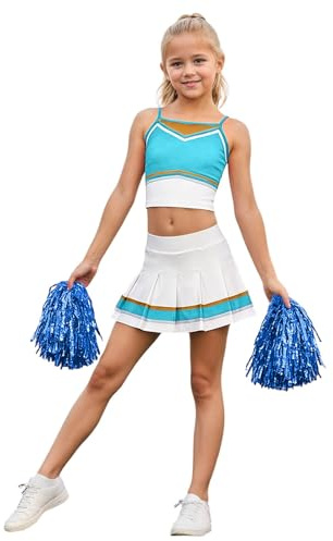 Generico Vestito Cheerleader Bambina - Costume da Cheer-Leader Manica Corta Vestito Cheerleading con Pompon Uniforme da Cheer-Leader Ginnastica Leotards Costume Carnevale